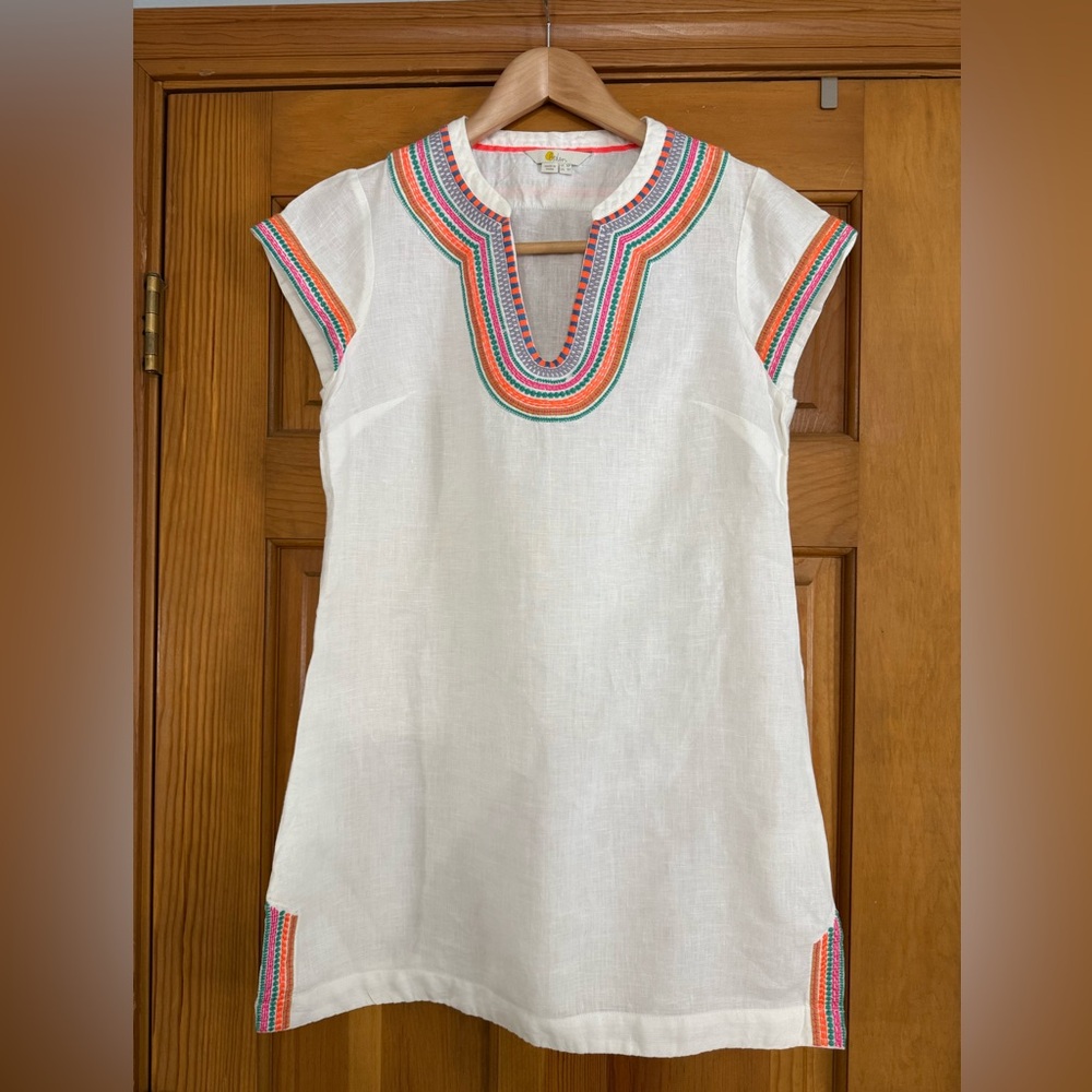 Boden Linen Tunic Dress US 4P Petite White Embroidered Boho Shift‎ Summer